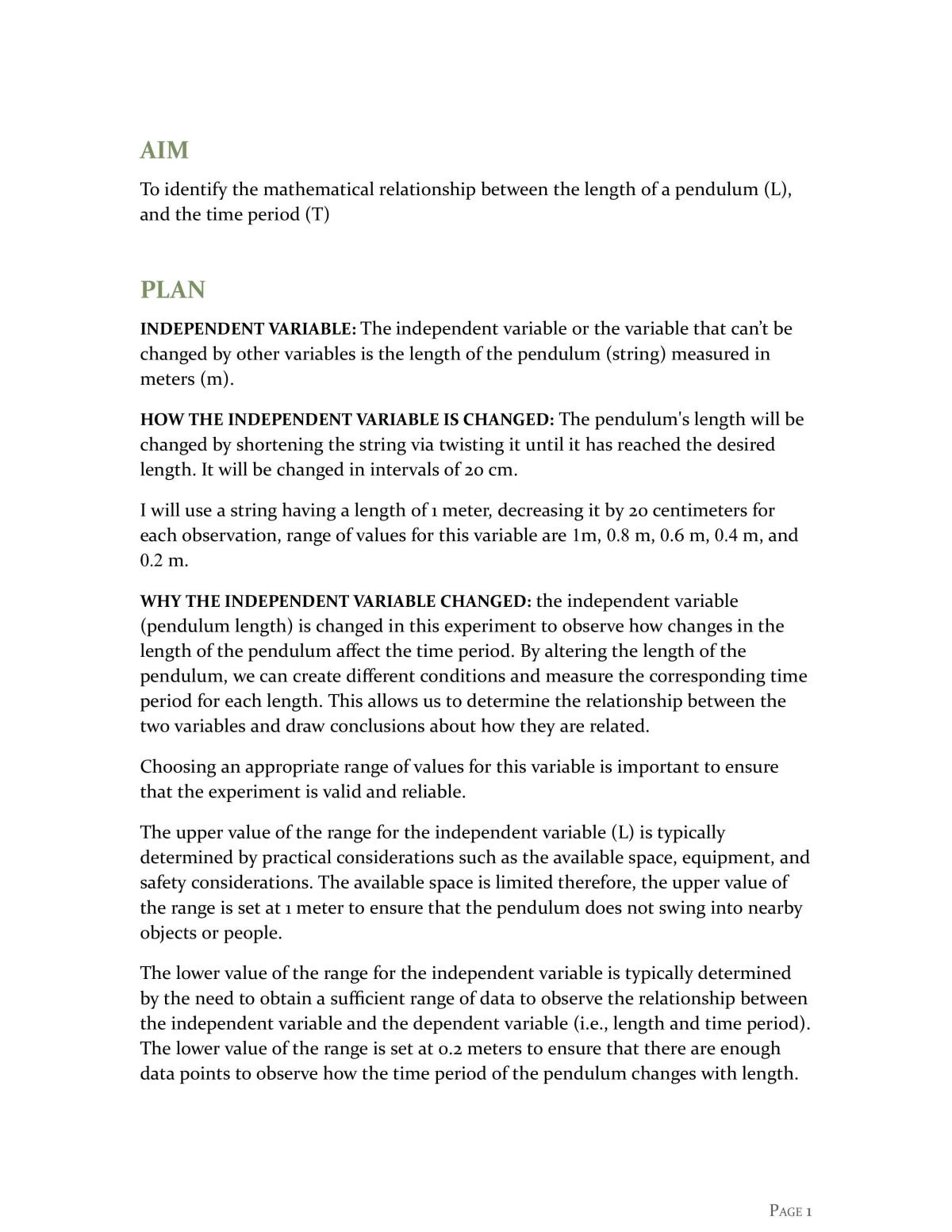 Ncea Level 2 Physics Practical Investigation Internal (Simple Pendulum) - Page 2