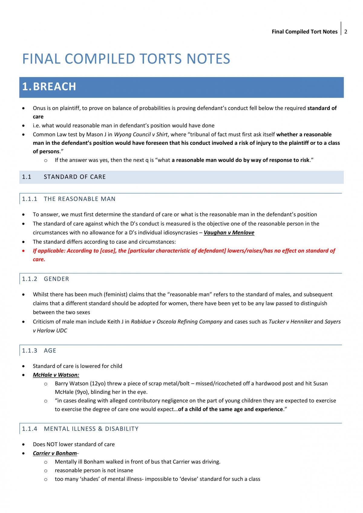 Torts Complete Course Notes - Page 2