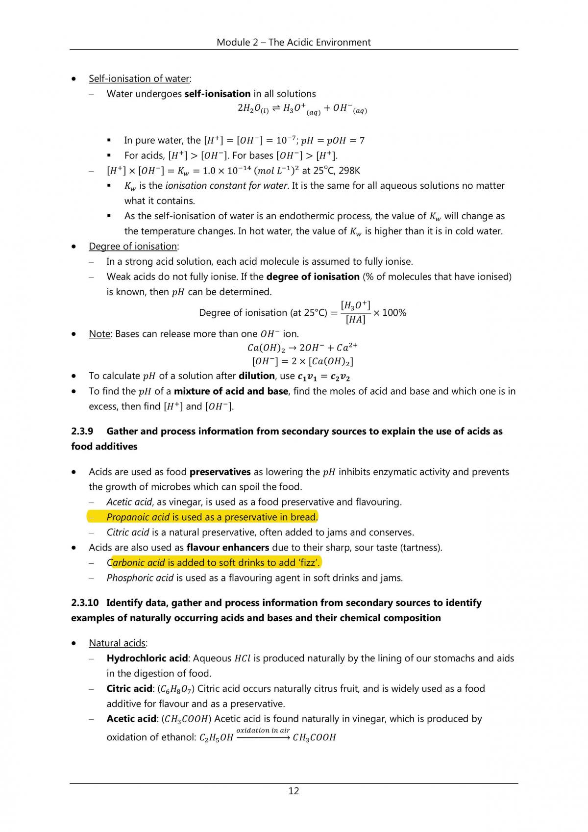 Acidic Environment Chemistry HSC Notes  - Page 12