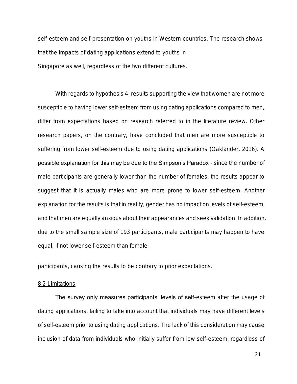 Research Proposal: Dating Applications and Its Effects on Self-Esteem of Youths in Singapore - Page 21