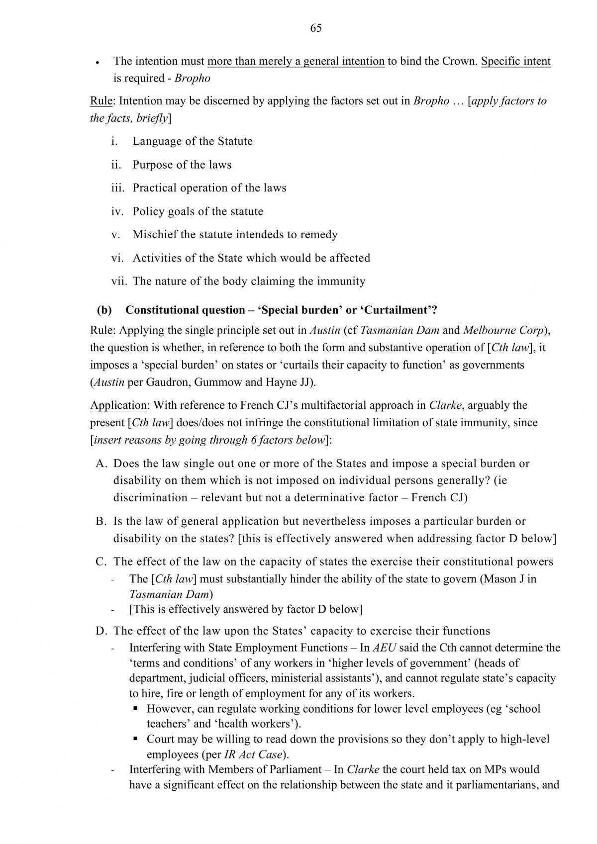 Complete notes for ANU Commonwealth Constitutional Law - ready for exam and case notes. - Page 65